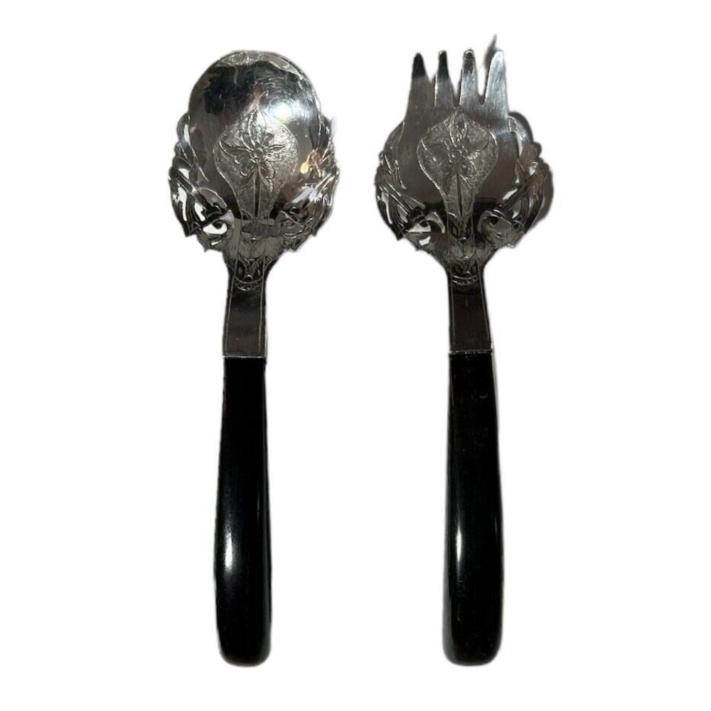 Vintage Hand Crafted Malaysian Silver Serving Fork & Spoon Salleh & Sons 1940s
